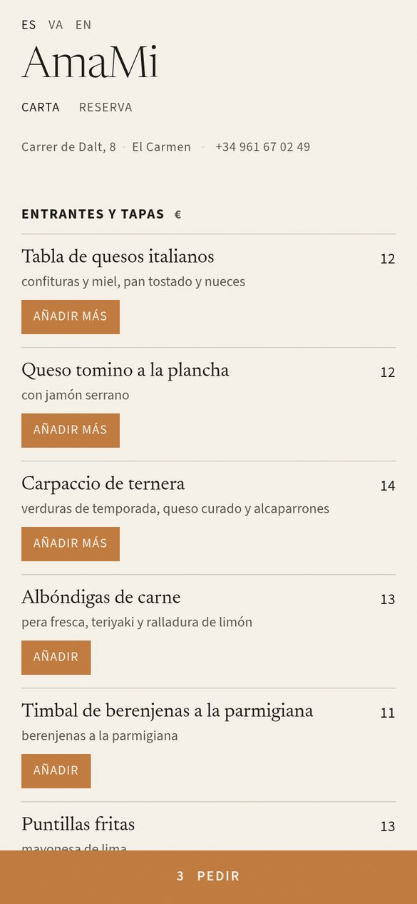 Carta con mesa y botón Pedir